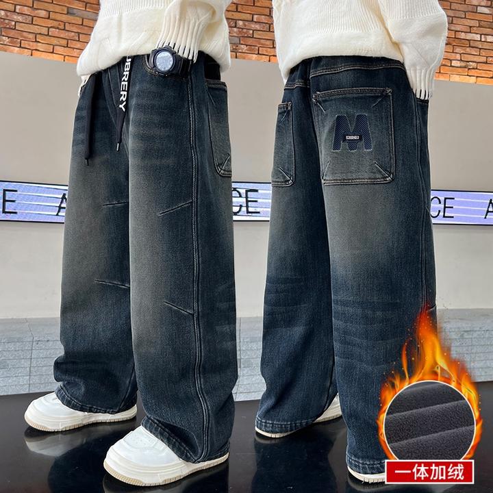 男童直筒牛仔裤一体绒秋冬款2024新款儿童宽松休闲加绒裤子冬装潮