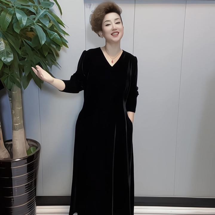 688高档丝绒连衣裙A版长袖V领大摆气质时尚洋气宽松显瘦弹力大