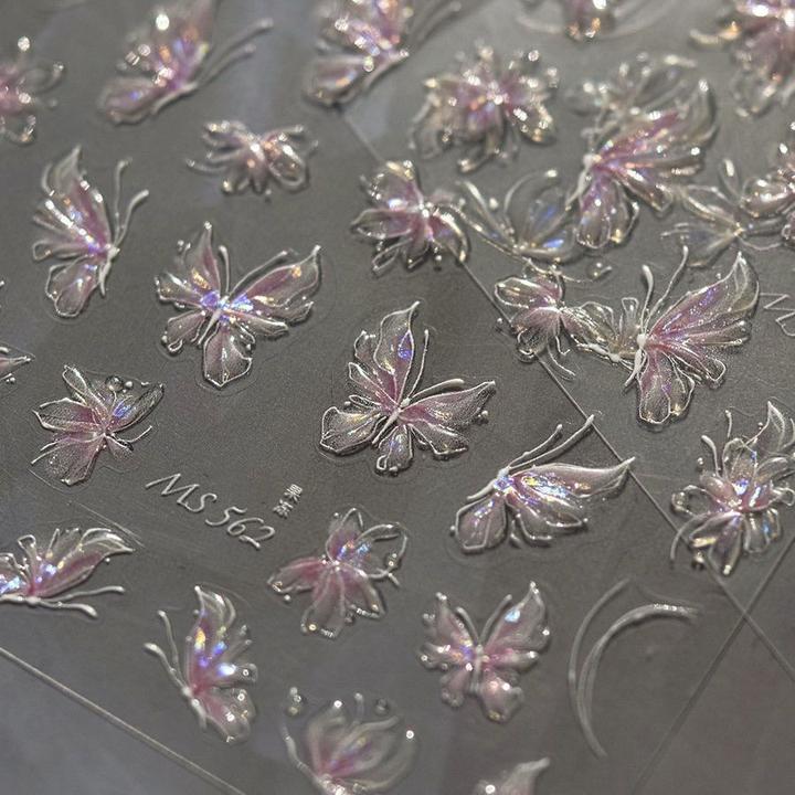 贝壳光冰透招财蝴蝶美甲贴纸仙女淡雅琉璃花团清透蝴蝶翩然美甲贴
