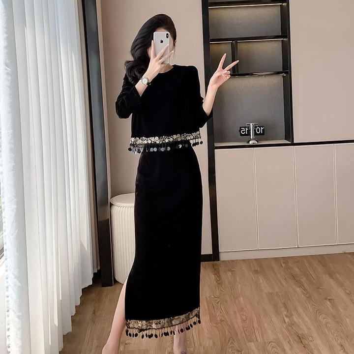 秋冬新款高级感丝绒时尚两件套气质亮片拼接流苏上衣半身裙套装女