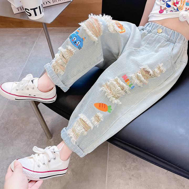 巴拉扣扣女童夏季薄款破洞牛仔裤儿童洋气春秋款2025新款宝宝男
