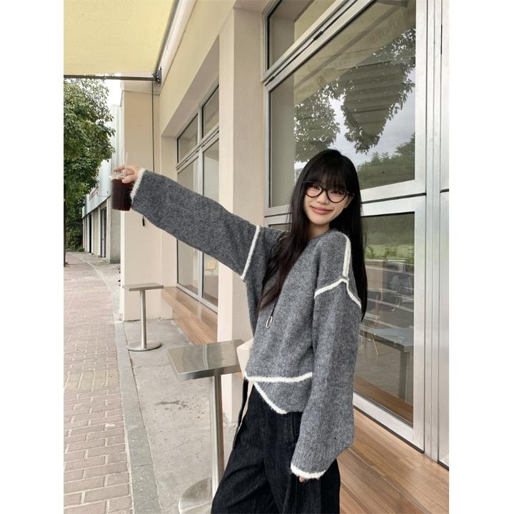 气质显瘦小众设计感撞色休闲圆领毛衣女秋冬慵懒风百搭宽松针织衫