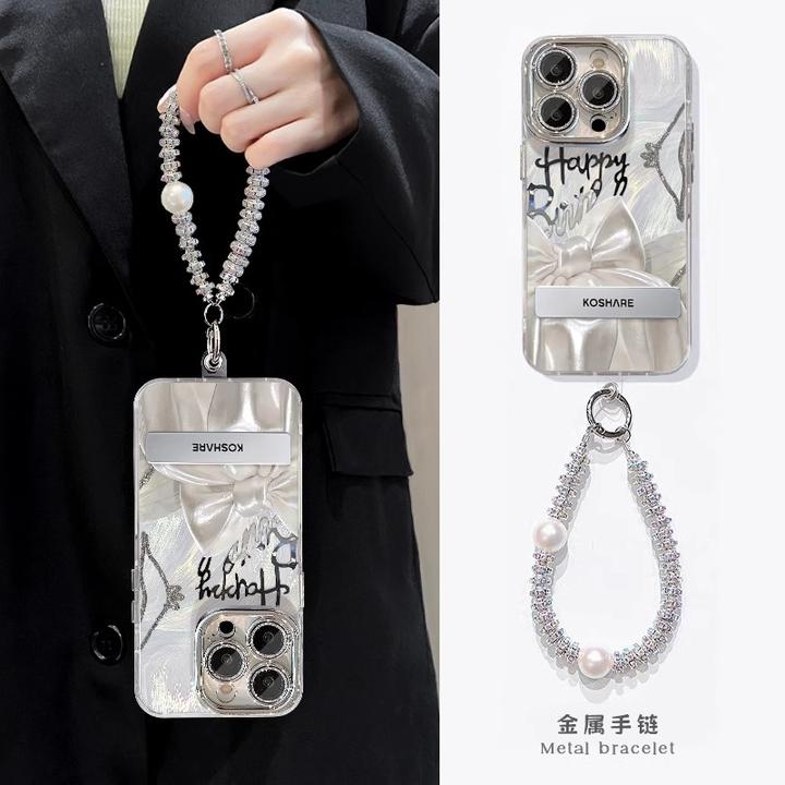 丝绸蝴蝶结适用苹果15promax手机壳iphone14pro闪粉镜头膜13p支架