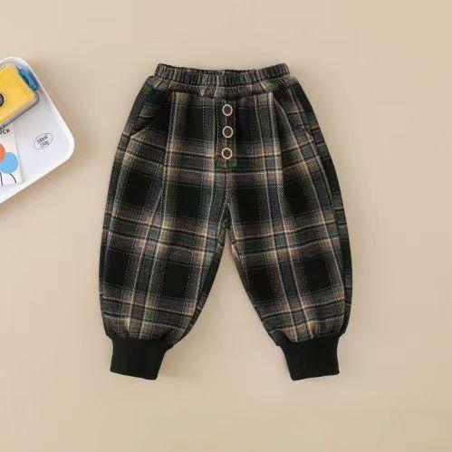 宝宝秋冬格子加绒裤子婴儿童装男童薄绒一体绒小童洋气外穿长裤潮
