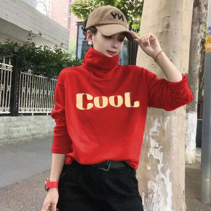 复古时尚印花高领长袖卫衣女减龄宽松显瘦百搭打底衫休闲气质上衣