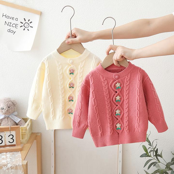 女童毛衣2023秋装新款中小童韩版时尚洋气暗扣花朵针织毛衣开衫潮