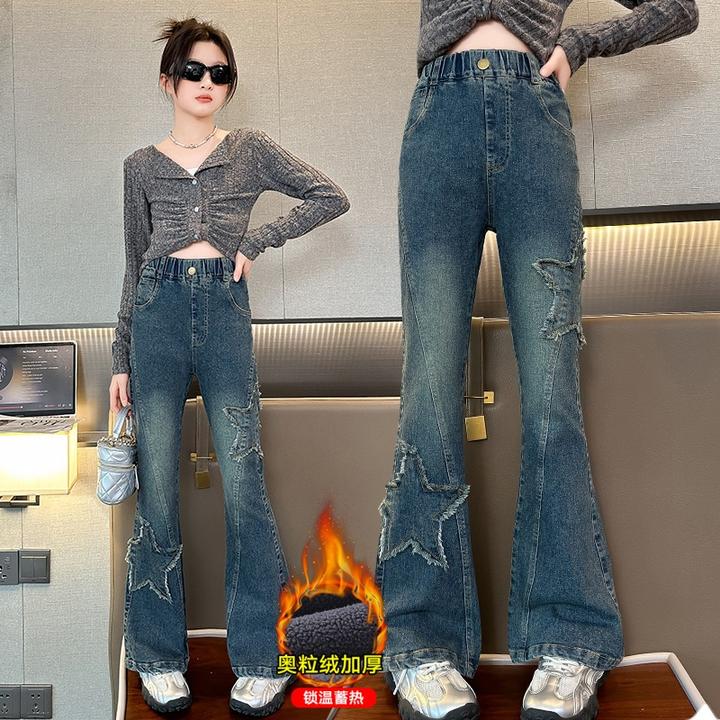 女童加绒牛仔裤秋冬季2024新款中大儿童秋装女孩加厚蓝色喇叭裤子