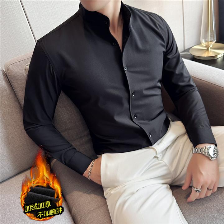 新中式加厚加绒立领衬衫男士长袖中山领高级感衬衣休闲秋冬保暖潮