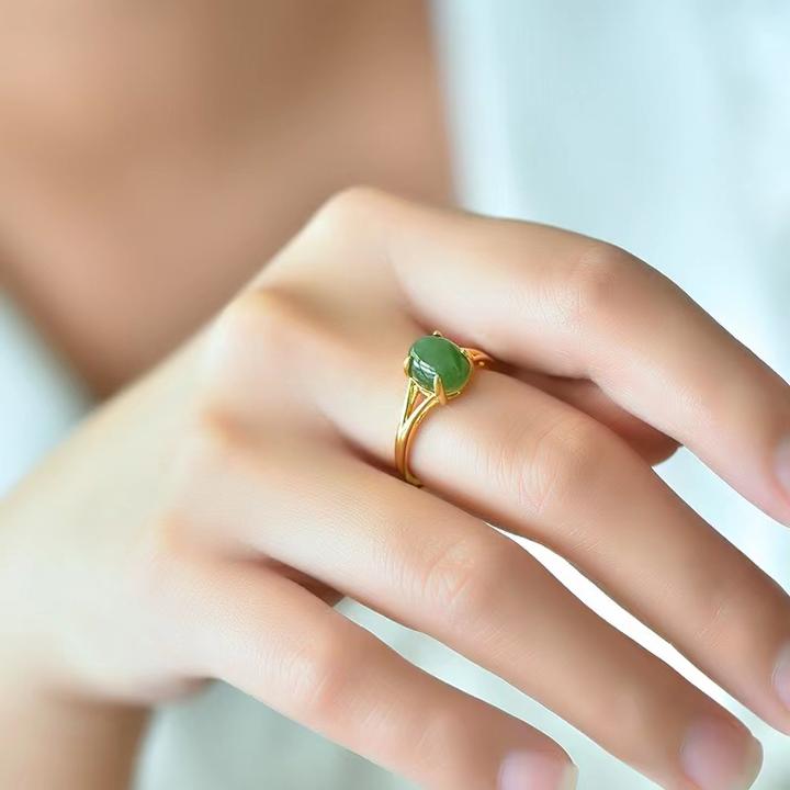 铜镶嵌和田玉碧玉蛋面女款戒指 时尚气质女士可调节精美简约指环