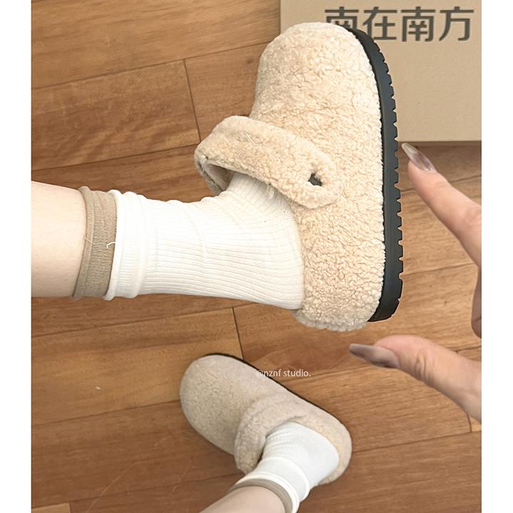 白色包头厚底毛毛拖鞋女外穿2025新款秋冬加绒保暖一脚蹬勃肯鞋子