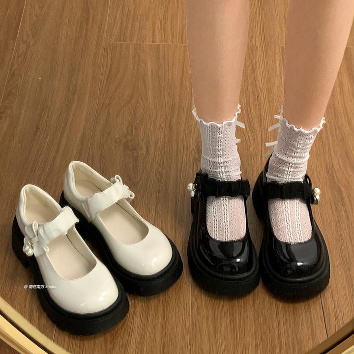 黑色法式厚底玛丽珍小皮鞋女2025新款春秋配裙子圆头珍珠粗跟单鞋