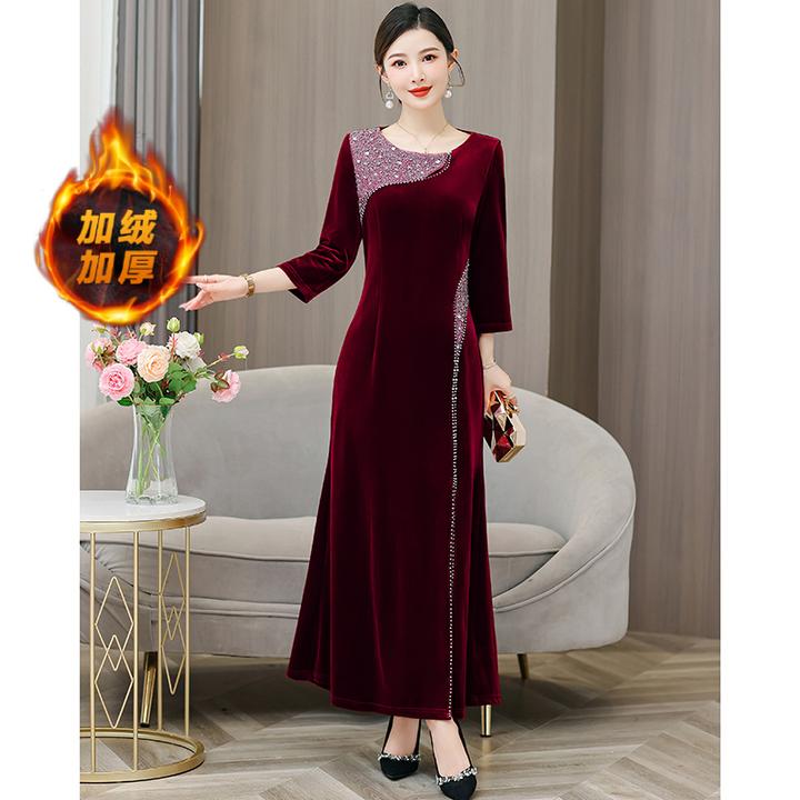 2024妈妈礼服年轻妈妈礼服冬季新款喜婆婆婚宴装长袖金丝高贵结婚