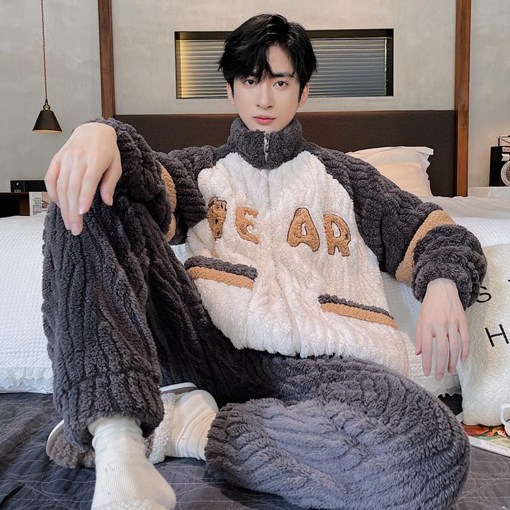 法兰绒睡衣男款秋冬款拉链男士保暖冬季加绒加厚珊瑚绒家居服套装