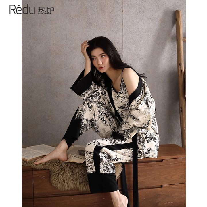 热妒睡衣女春秋夏季薄款冰丝系带三件套长袖长裤吊带开衫家居服