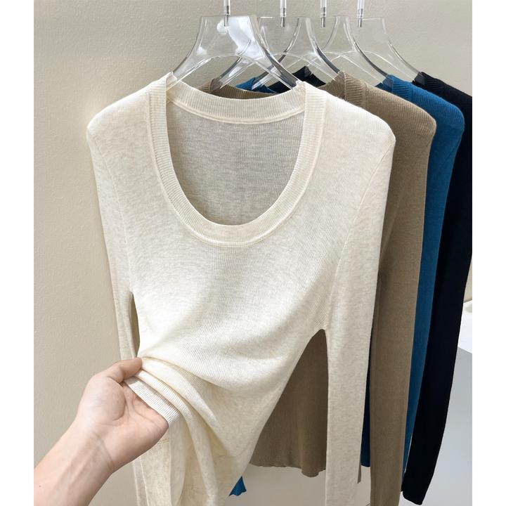 气质低圆U领纯色羊毛打底衫内搭2025秋冬新款长袖修身针织毛衣女