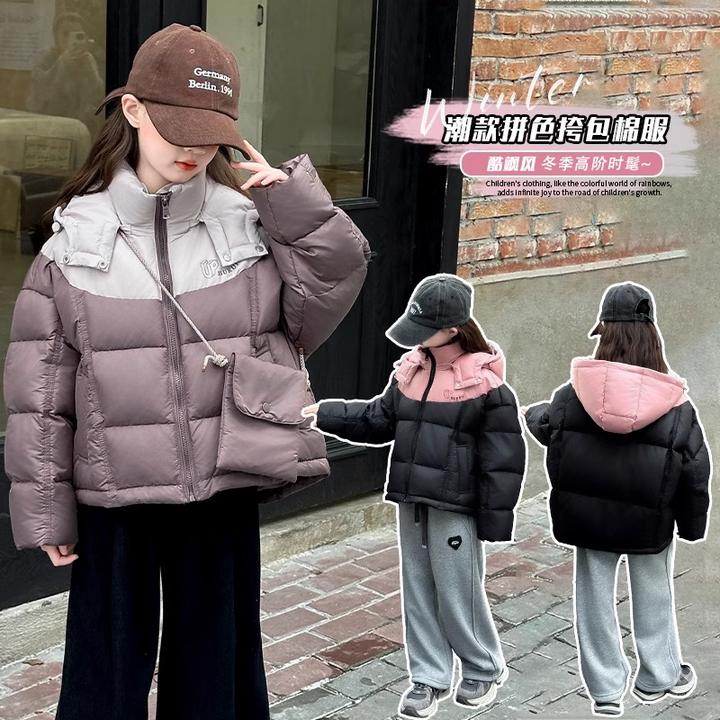 女童加厚棉服冬款加棉连帽面包服中大童拼色挎包棉服外套冬装洋气