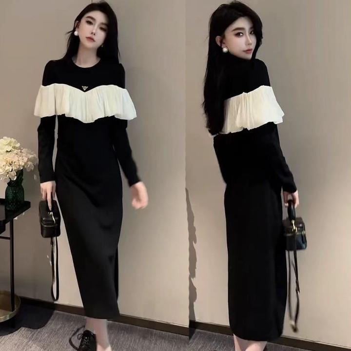 2024秋季法式长袖拼接连衣裙女新款收腰显瘦时尚减龄高级感连衣裙