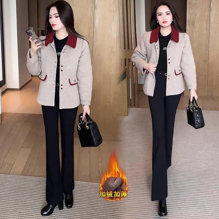 加厚加绒拼色毛呢外套女2024冬季新款显瘦小个子百搭保暖呢子大衣