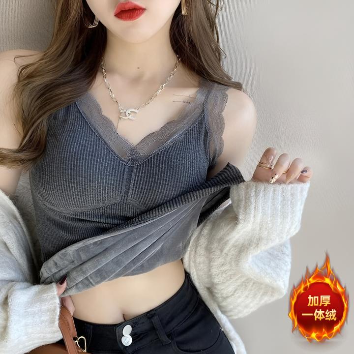 发热保暖上衣女秋冬季带胸垫加绒加厚长袖V领蕾丝边打底衫内衣服