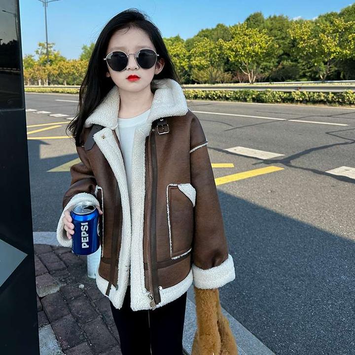 女童加绒外套秋冬款2024新款中大童冬装洋气保暖加厚皮毛一体外套