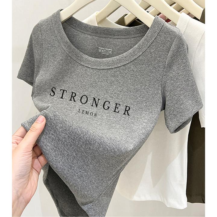 2024新款正肩显瘦上衣短袖t恤女修身螺纹百搭T恤花灰色打底衫夏季