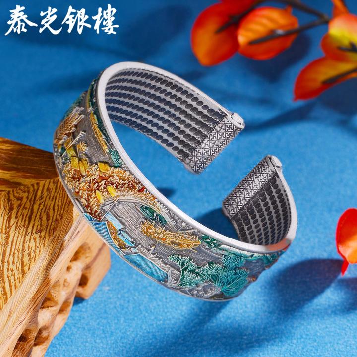 泰光银楼 足银珐琅手镯 席跃设计 足银999清明上河图银手镯民族风