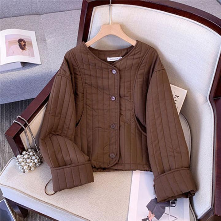 冬季爆款简约休闲坑条设计感圆领棉服大码宽松遮肉显瘦小个子外套