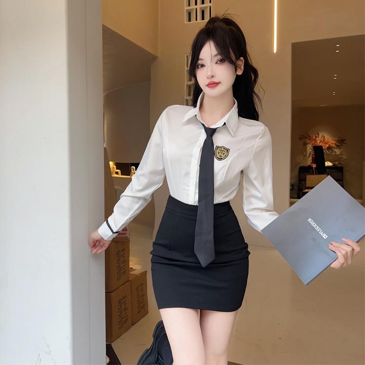 长袖白色衬衫职业正装秋冬季面试前台衬衣包裙套装足浴技师工作服