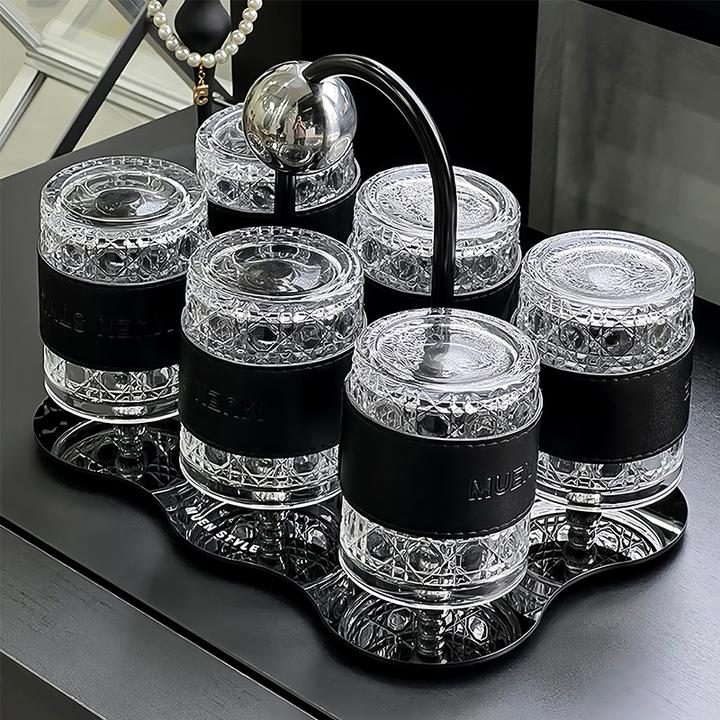 玻璃冷水杯套装凉水杯玻璃杯家用轻奢高颜值茶杯收纳架创意水杯架