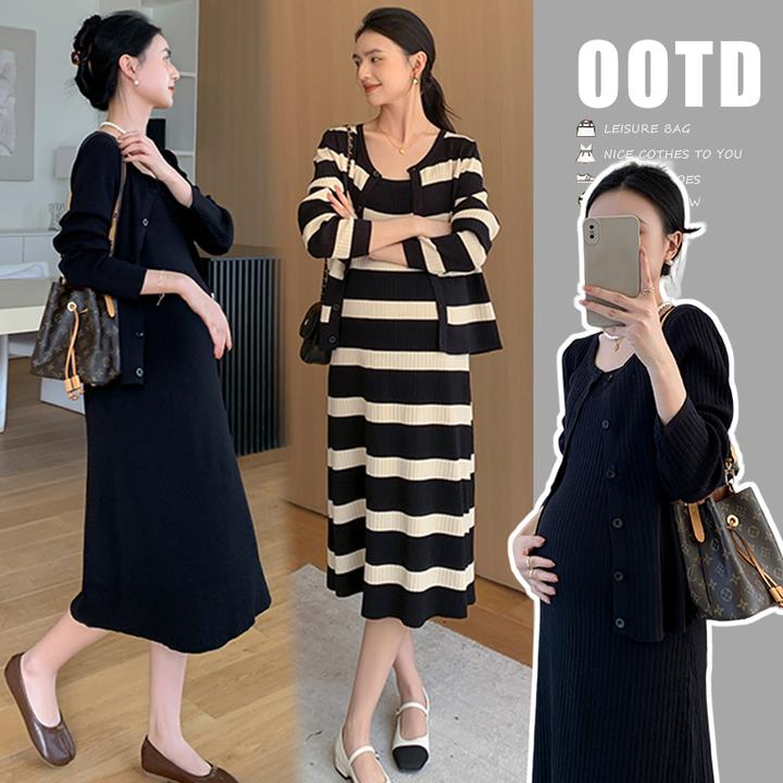 孕妇装秋冬款时尚套装新款针织过膝连衣裙条纹显瘦遮肚长裙两件套
