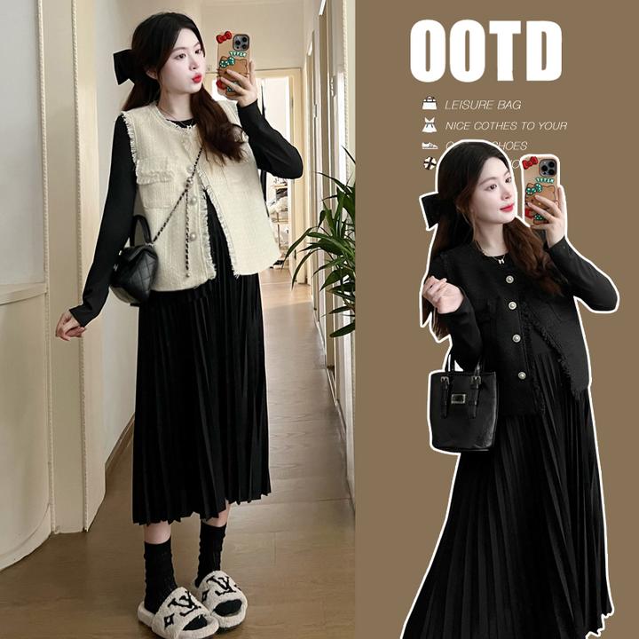 孕妇秋装连衣裙套装时尚新款法式洋气长裙小香风马甲秋冬季两件套