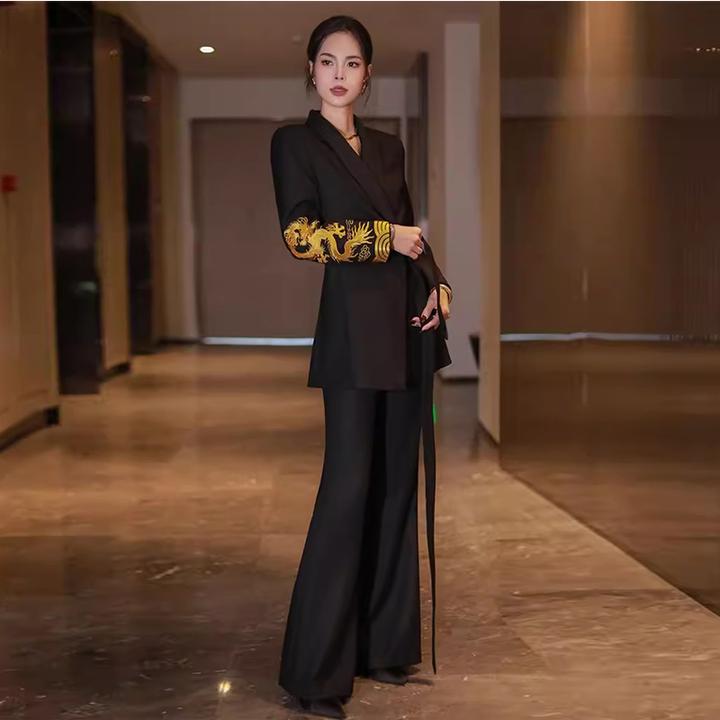 高定女士纯色轻奢西服套装春秋季新中式国风金龙刺绣西装两件套