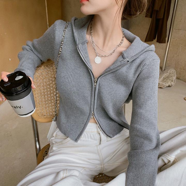 连帽拉链开衫毛衣外套女短款冬季显瘦长袖春秋针织衫2025春秋爆款