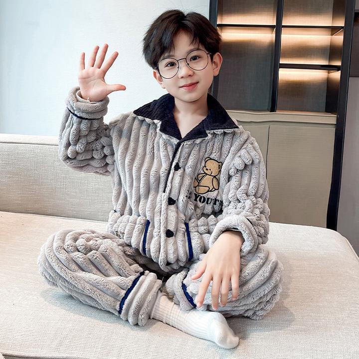 儿童法兰绒睡衣冬季加厚款中大男童珊瑚绒家居服秋冬小孩保暖套装