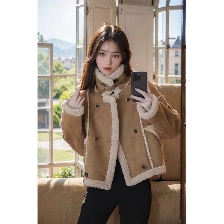 宽松版皮毛一体羊羔绒机车外套短款秋冬新款2024小个子加厚1801