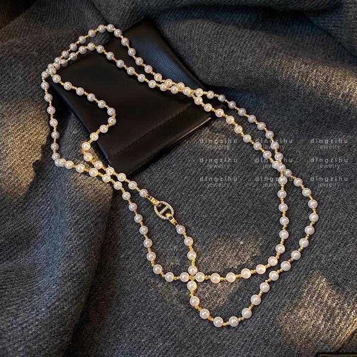 铜合金项链 施家长款双层叠戴仿珍珠项链秋冬新款轻奢气质毛衣链
