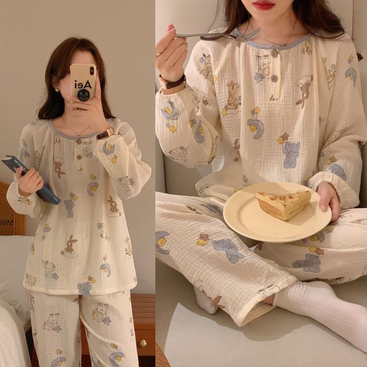 睡衣女春秋季长袖长裤韩版可外穿家居服套装