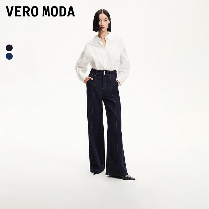 Vero Moda牛仔裤长裤2025新款明线装饰高腰直筒洋气阔腿裤知性风