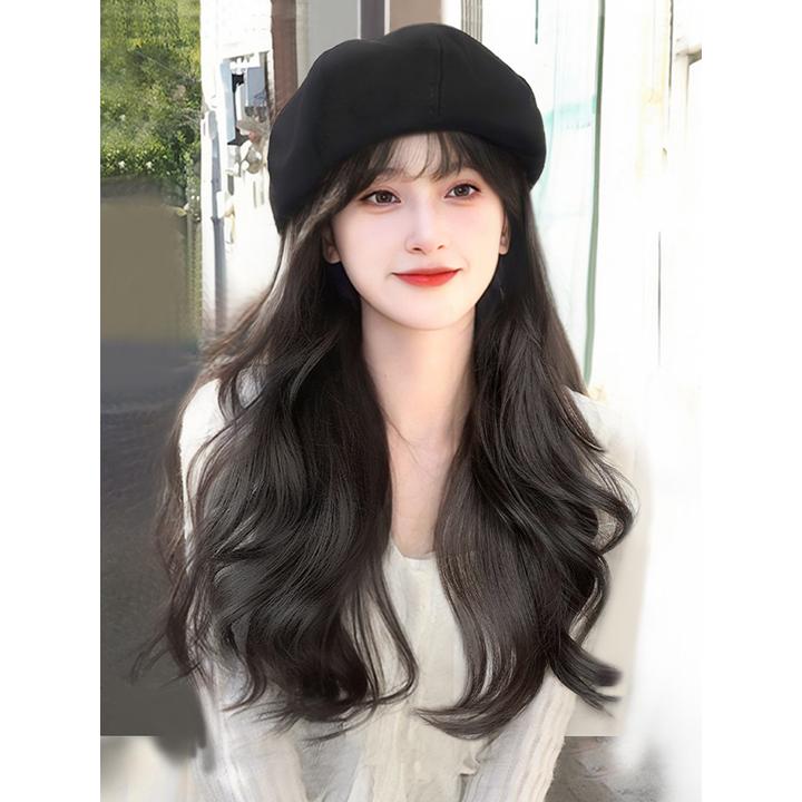 帽子假发一体女款2023冬季新款网红长卷发贝雷帽假发女自然全头套