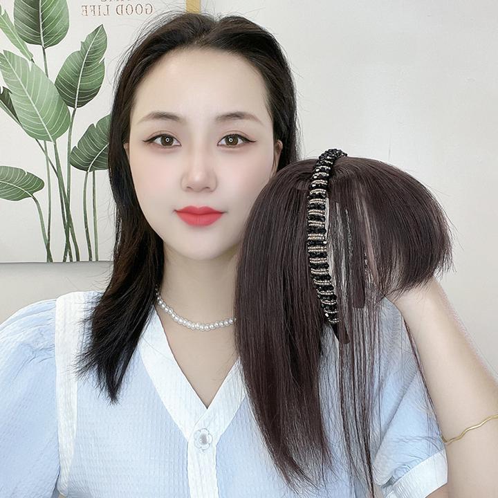 假发一片式真发空气刘海头顶补发水钻直发发箍遮白发