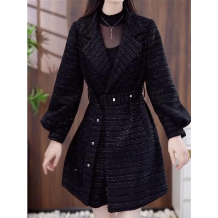 高档色织华夫格精纺毛呢外套2024秋季新款收腰显瘦气质风衣妈妈装