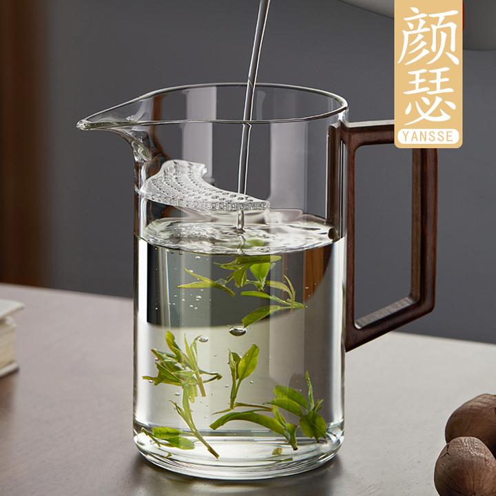 颜瑟月牙公道杯400ml实木把手 自带茶漏过滤网茶滤高硼硅耐热玻璃