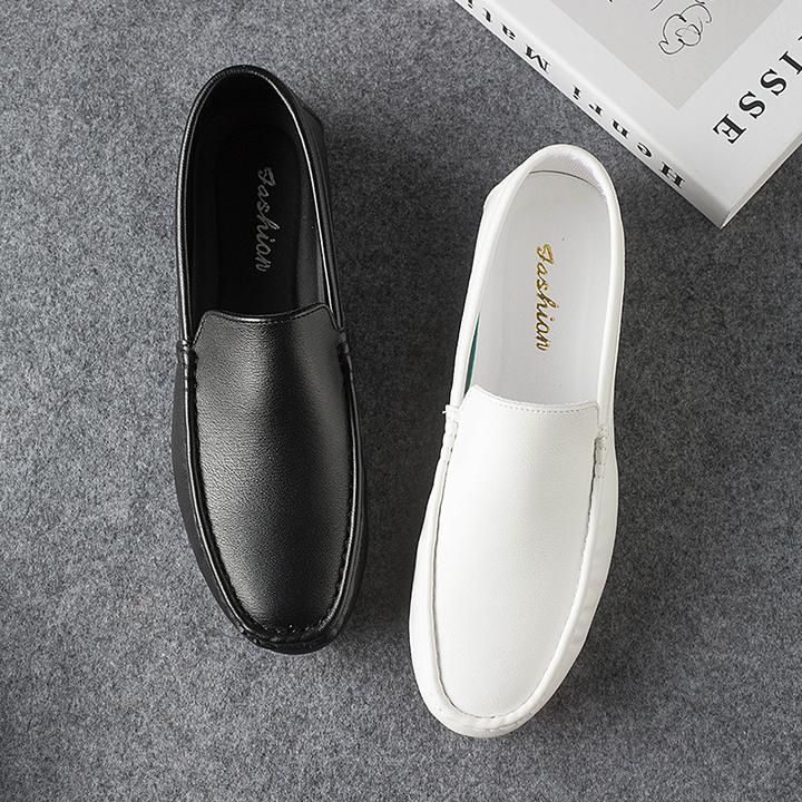 男士新款豆豆鞋黑白纯色光面乐福鞋一脚蹬韩版懒人鞋透气软面男鞋