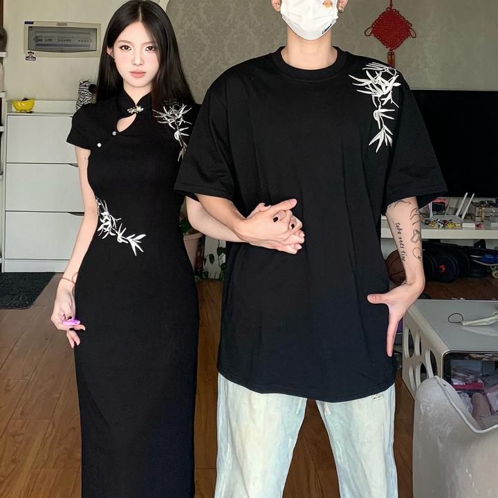 情侣装夏季中国风旗袍黑色改良收腰显瘦国潮刺绣女裙男短袖潮