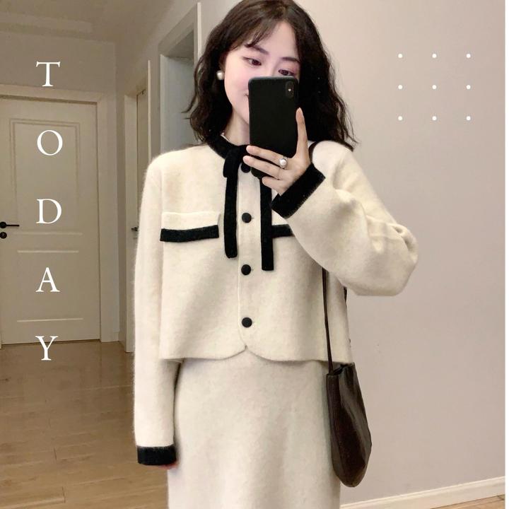 2024温柔撞色蝴蝶结 软糯气质毛衣冬女高级感小香风套装新款时尚