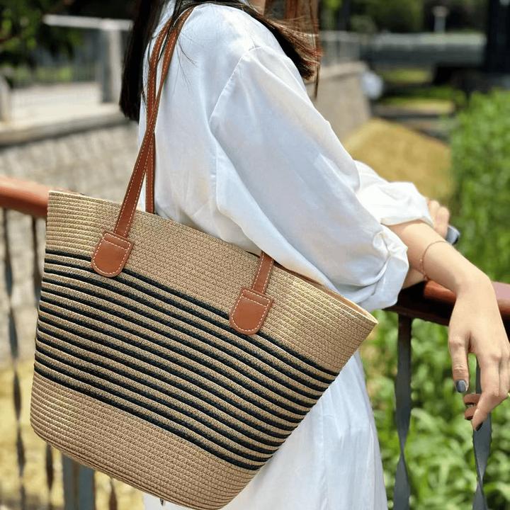 新款大容量条纹手工草编包沙滩包托特包编织女包旅行单肩包A596