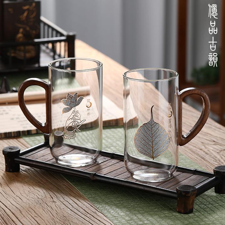 玻璃绿茶杯透明办公室喝水杯木把泡茶杯个人专用茶具杯