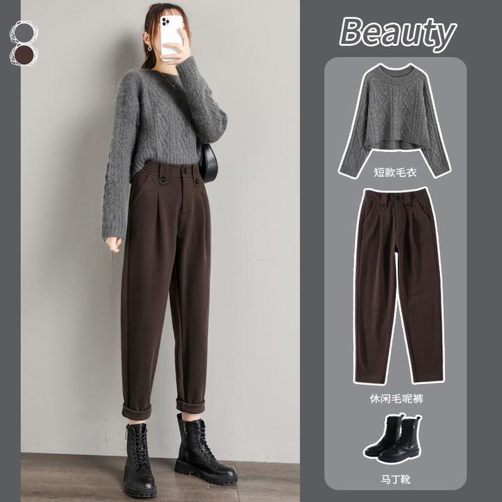 小个子毛呢哈伦裤女宽松秋冬新款高腰显瘦烟管裤百搭直筒锥形裤