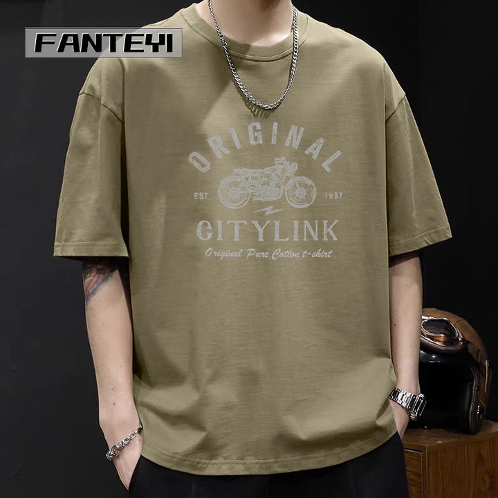 重磅纯棉男士短袖宽松落肩T恤大码纯色内搭圆领半袖港风-摩托车