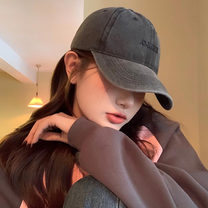 水洗牛仔棒球帽女显脸小复古做旧灰色印烫字母潮牌鸭舌帽子大头围